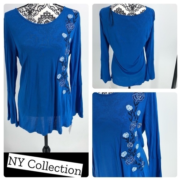 NY Collection blue floral embroidered bell top - Picture 1 of 9